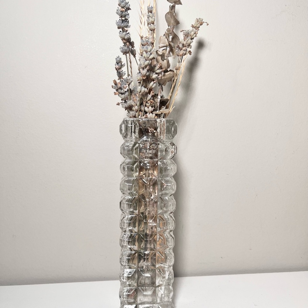 Vintage Clear Textured Glass Vase- Geometric Cube Pattern - MCM